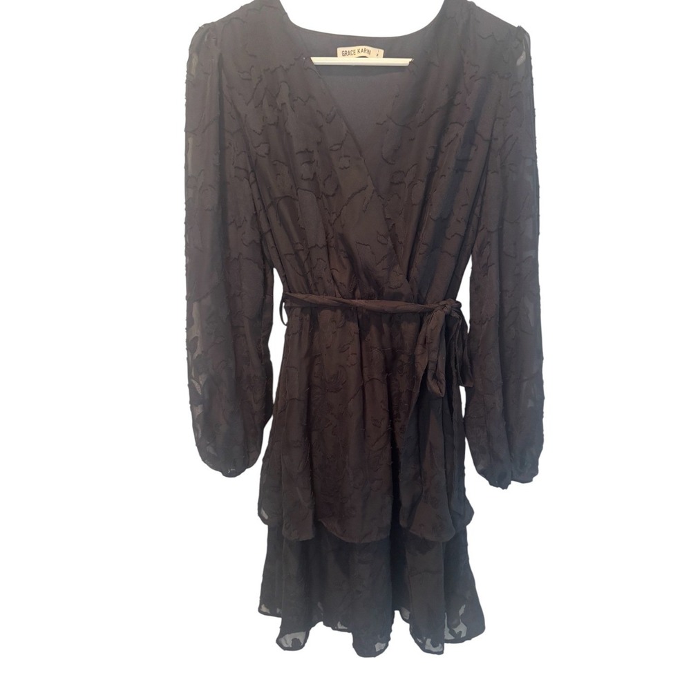 Grace Karin Womens Black Sheer Floral Textured Wrap Long Sleeve Dress M NEW